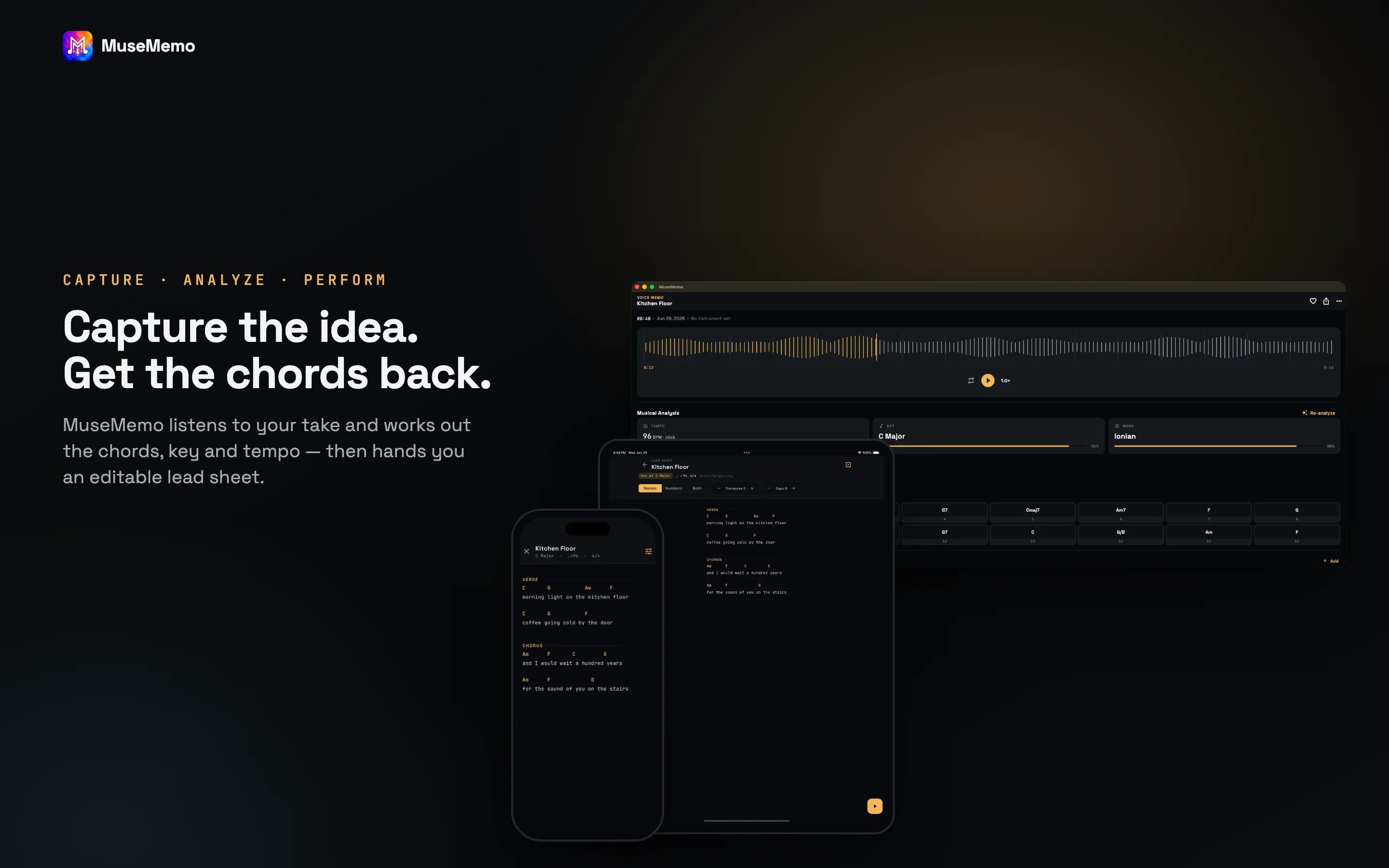 MuseMemo on Mac, iPad and iPhone — capture the idea and get the chords back.