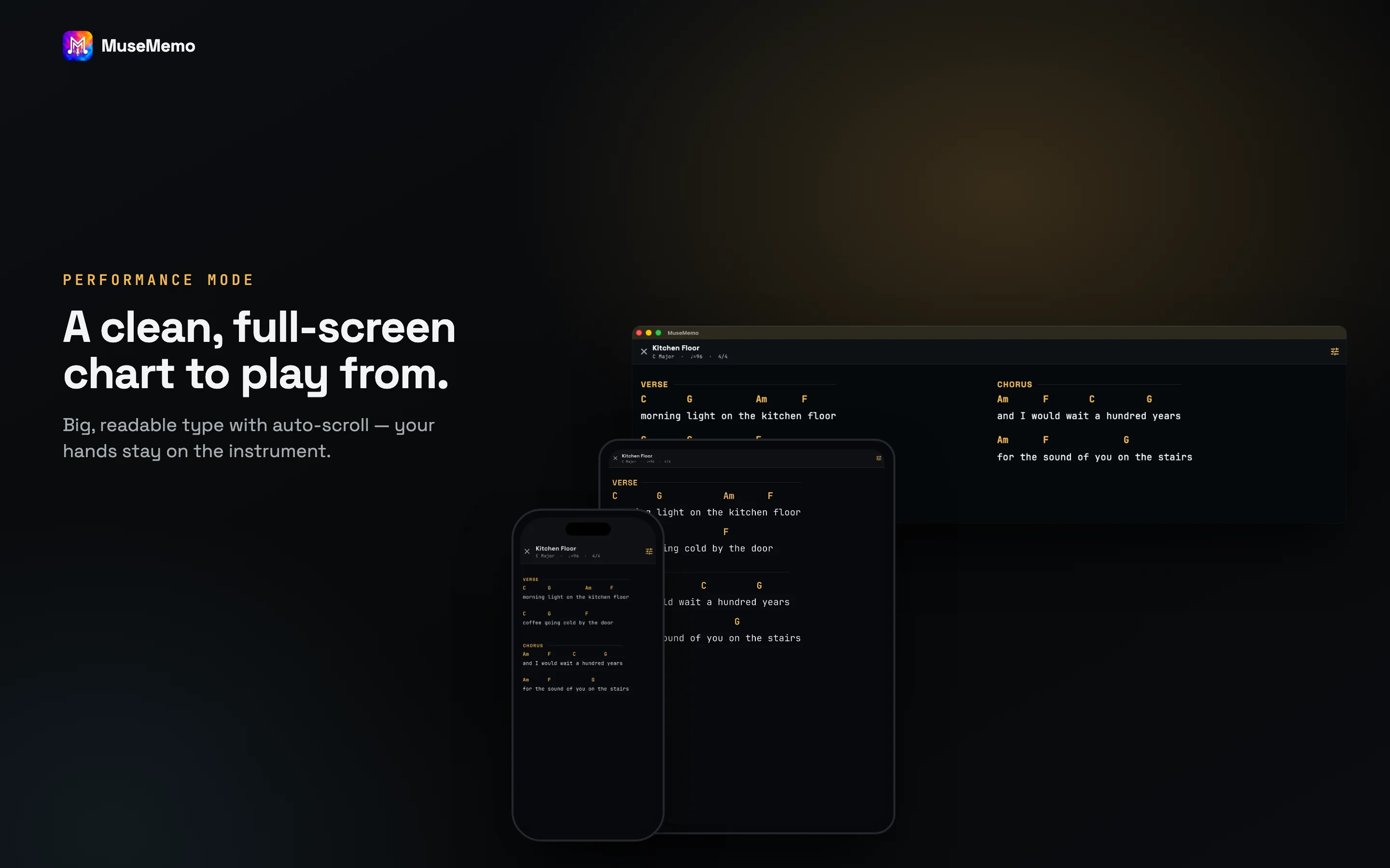 MuseMemo performance mode — a clean, full-screen chart to play from.