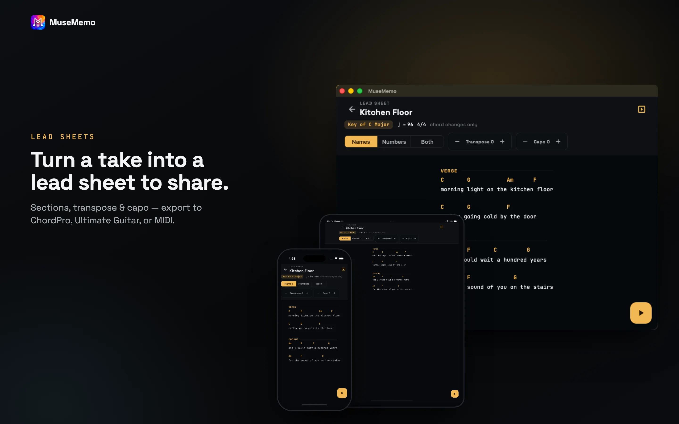 MuseMemo turns a take into an editable lead sheet you can share and export.