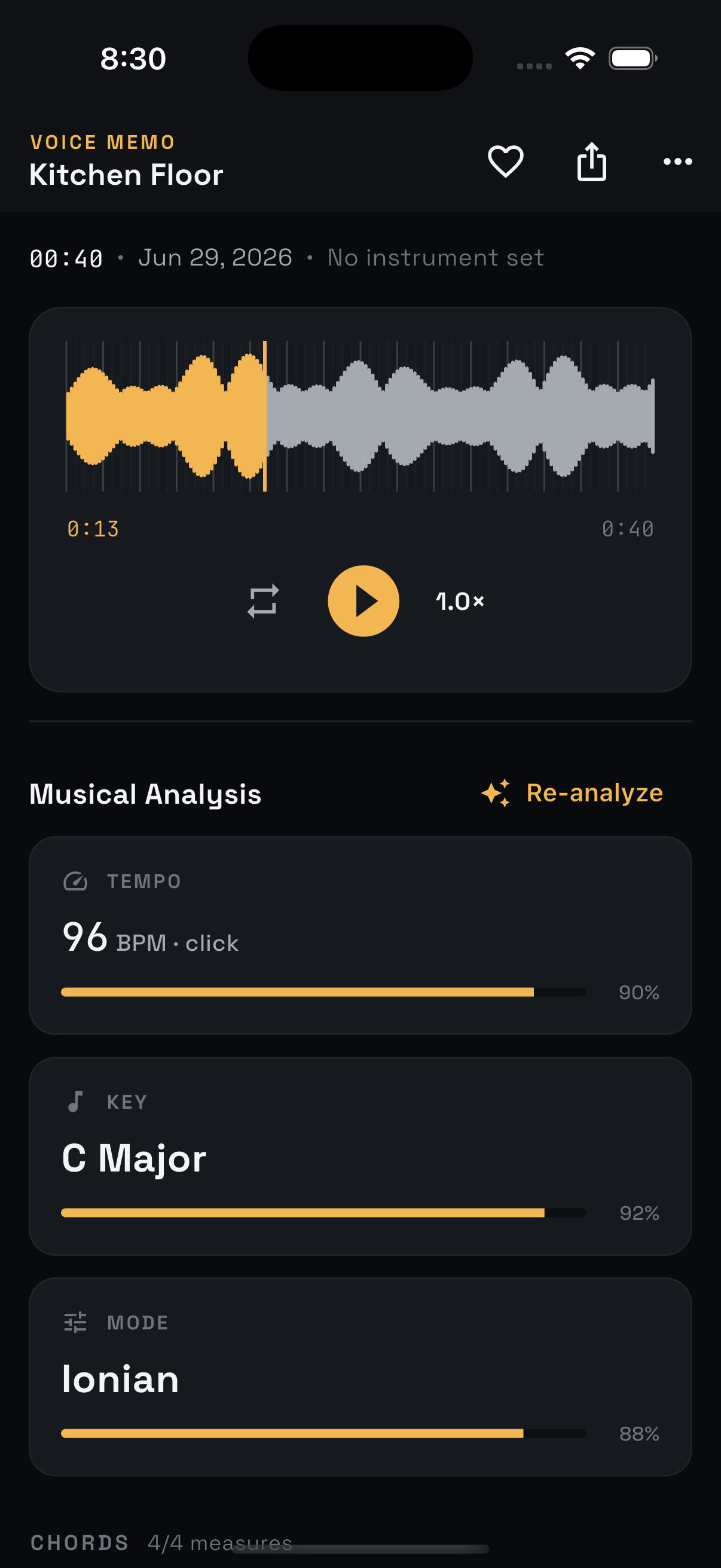 MuseMemo on iPhone: a recording with its waveform, detected tempo, key and mode, and chord chart