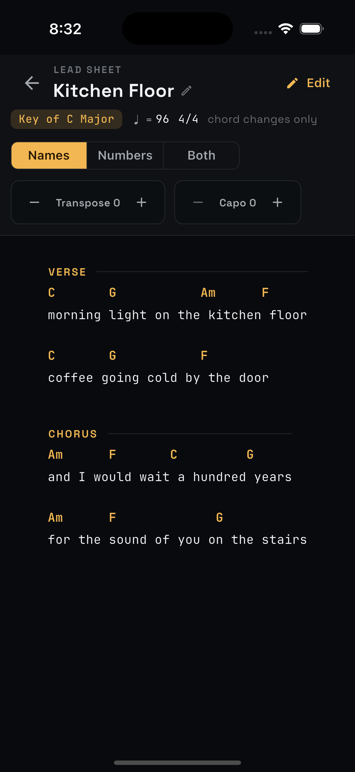 MuseMemo on iPhone showing the leadsheet screen