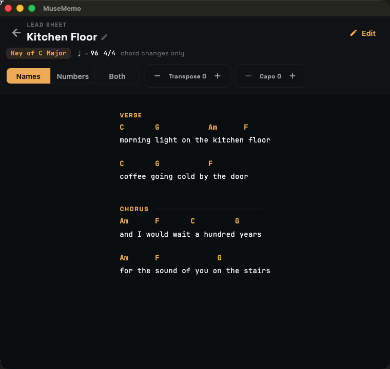 MuseMemo on Mac: a lead sheet — chords over lyrics, by section
